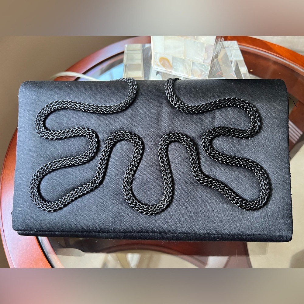 La Regale Ltd. Vintage Black Satin Evening Bag Abstract Corded Detail